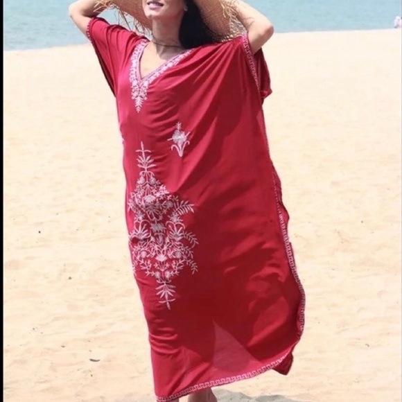 Boho Indie Embroider Cotton Kimono Kaftan Maxi, Beach Coverup Kaftan Red Dress - Picture 5 of 7